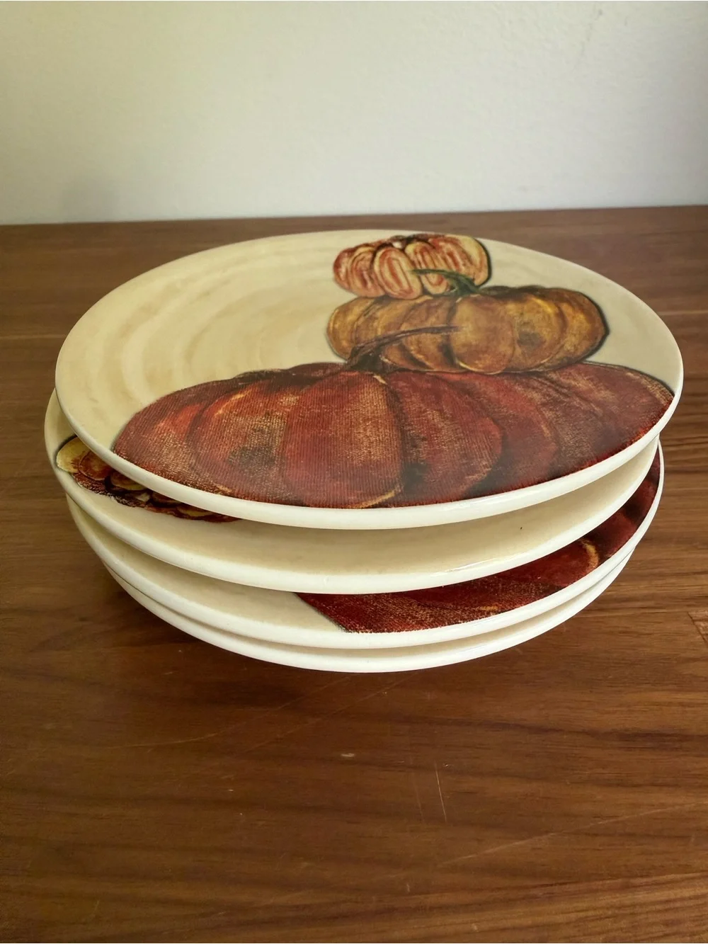 Pottery Barn Handpainted Pumpkin Appetizer Plates Set of 4 (Fall Thanksgiving)